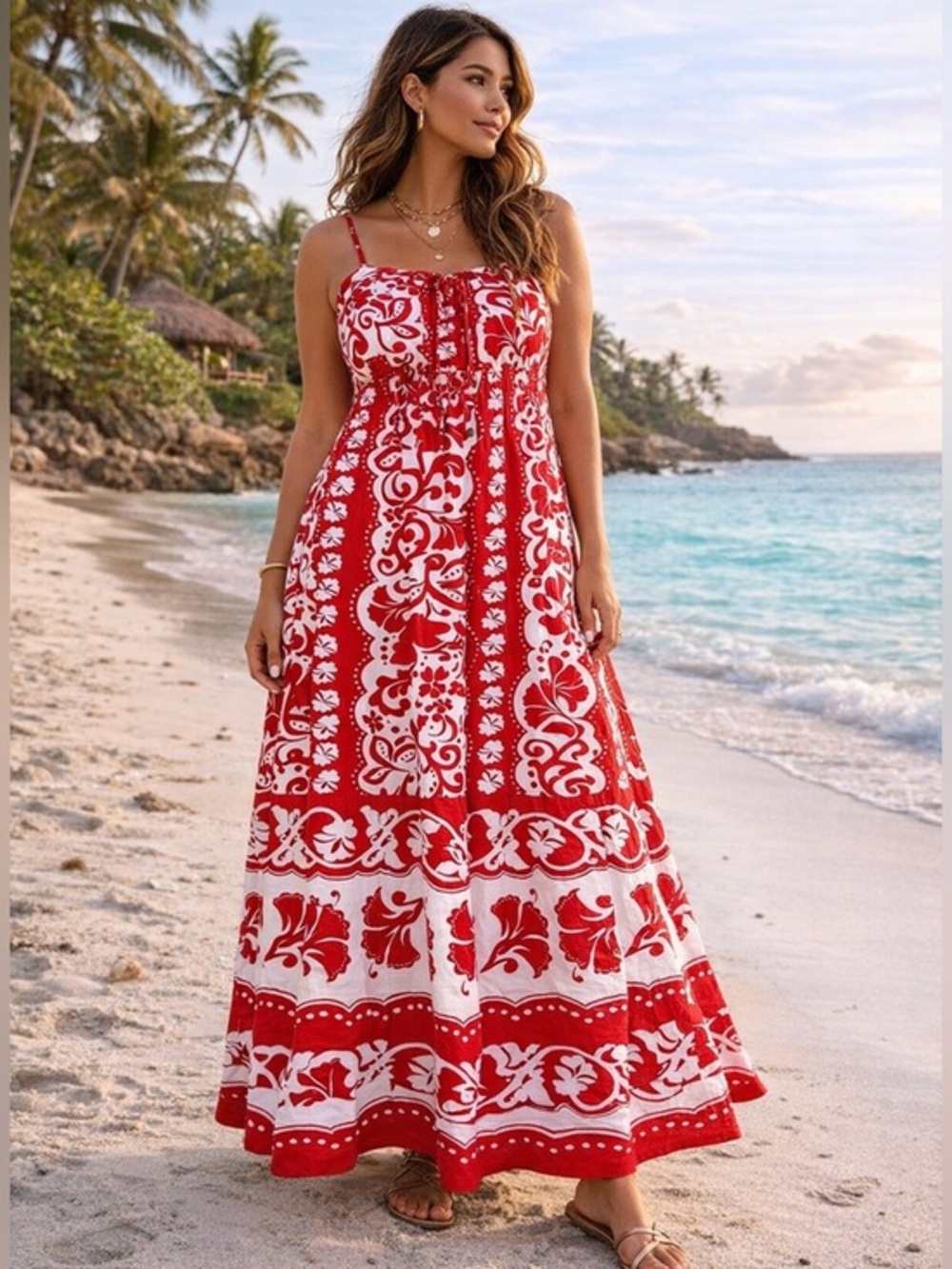 Japna Red White Floral Hawaiian Boho Maxi Dress Linen Blend NWT Small